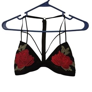 Black Bralette with Red Floral Embroidery